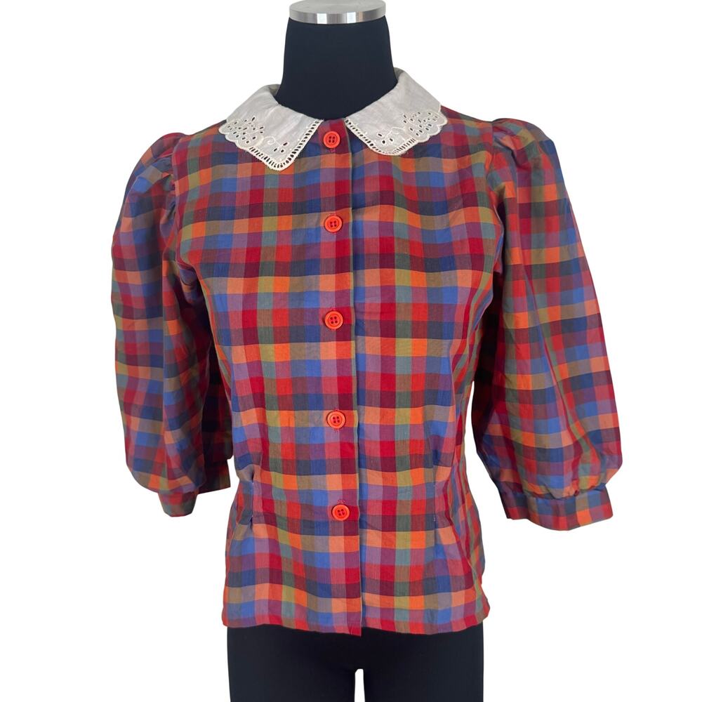 Vtg 80s Plaid Prairie Blouse Eyelet Peter Pan Collar Puff Sleeve Top Princess Di